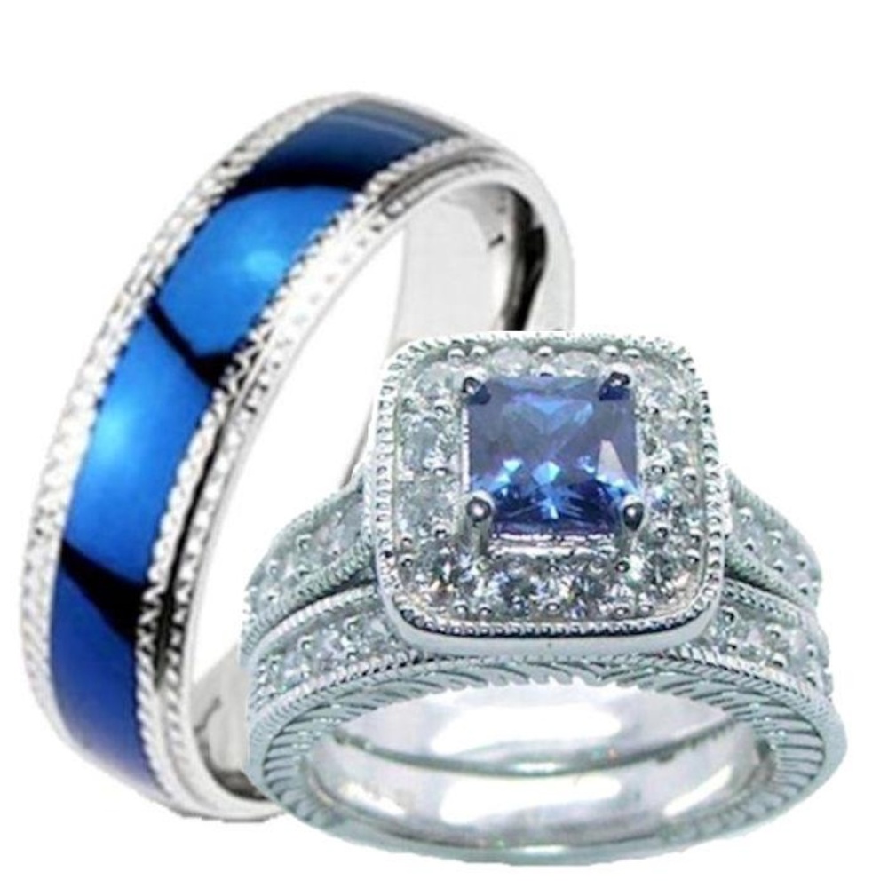 His Hers Sapphire Blue Clear Cz Wedding Ring Set